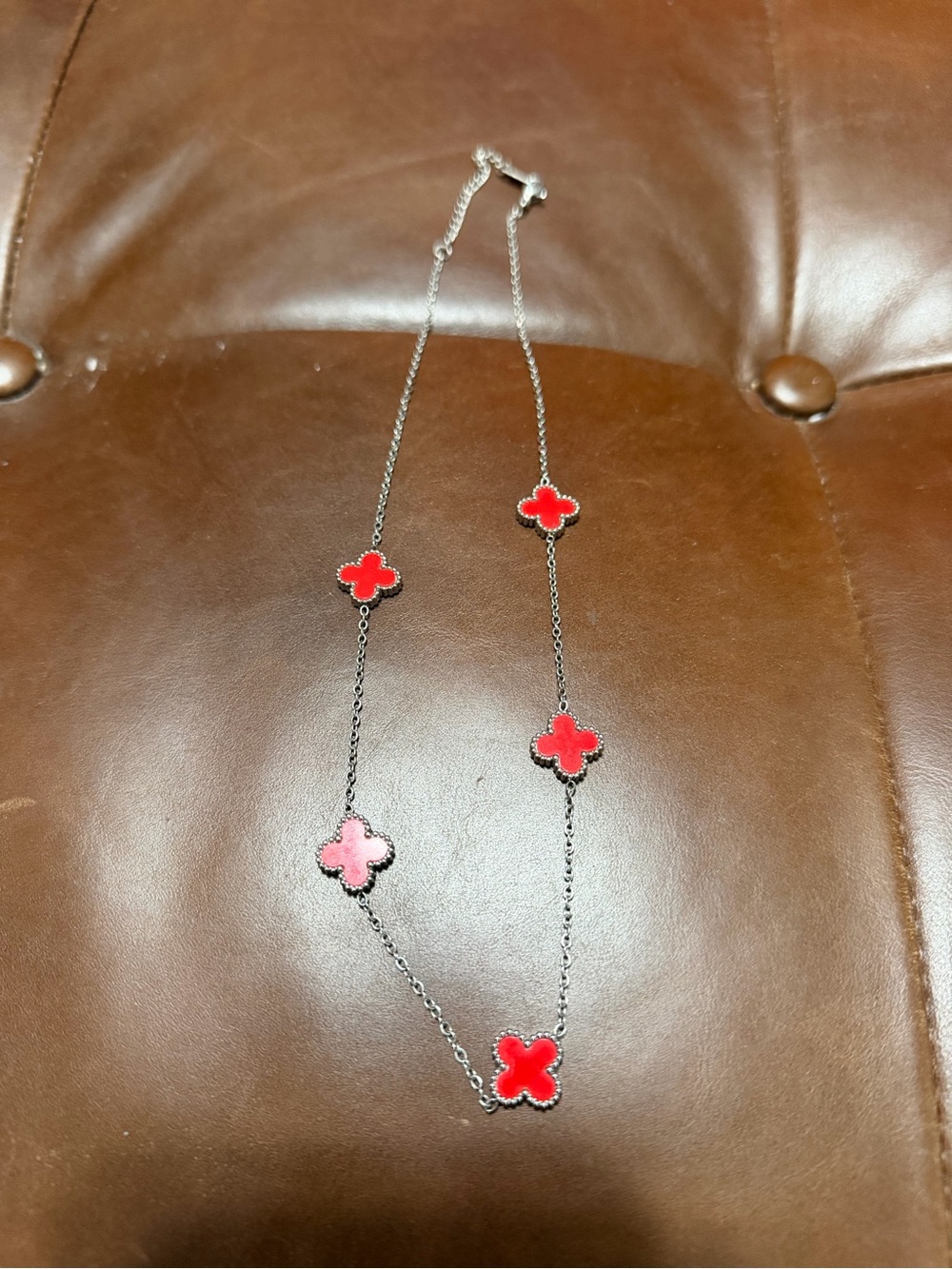 Red Clover-Accent Station Necklace - Women's Jewelry -Stainless steel
